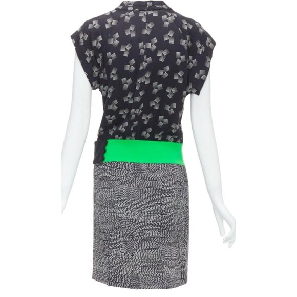 Diane von Furstenberg DVF Stretch Silk Dress 2 Black Green Ivory Short Sleeve - Picture 7 of 16